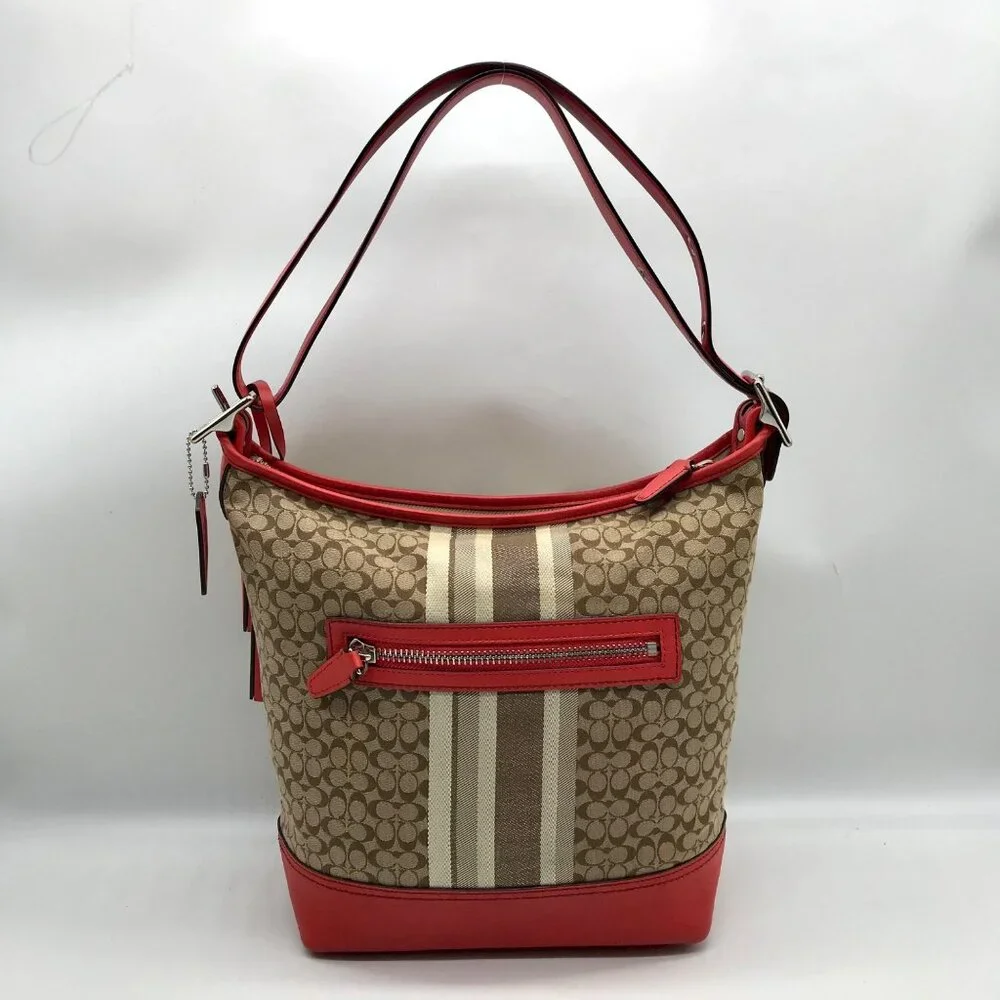 Coach Red / Tan Canvas And Leather Signature Legacy Stripe Duffle Bag  19918_2
